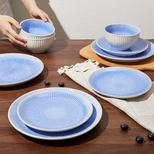 Ceramic Dinnerware Sets for 4, 12pcs Plates and Bowls Sets Dish Set | Stoneware Dishware sets, Microwave & Dishwasher Safe, Cereal Bowls and Dinner Plates Set, Stackable Dishes Set, Blue - color: Embossed Blue, size: Set (12pcs)