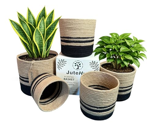 Planter Basket Set – 5-Piece Handwoven Jute Planter Basket for Home Decor, Nursery, or Indoor Plants (5'' to 8'' Diameter, 4.75'' to 7.75'' Height) – Fold & Wrinkle Free - Natural with Black Stripe - color: Natural With Black Stripe