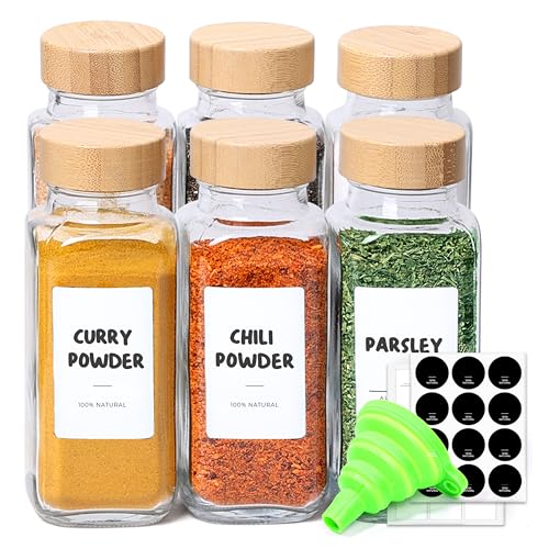 ComSaf Glass Spice Jars with with Labels 8 oz 6 Pack Bamboo Lids | Empty Containers, Seasoning Herb Powder, Salt Pepper Chili, Spice Rack Organization, Kitchen Cabinet Storage, Funnel Included - color: 8oz*6 Bamboo Lids