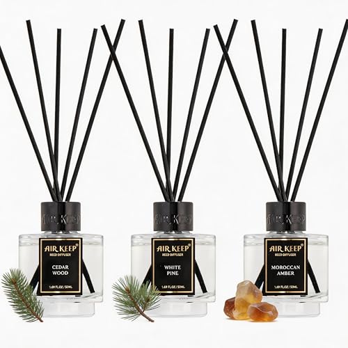 Reed Diffuser Set of 3 for Bathroom Air Fresheners, Oil Diffuser Sticks | Cedar Wood,White Pine Moroccan Amber Scent Diffuser(1.7 fl oz*3) Fragrance with 18 Sticks Defusers | Shelf Decor