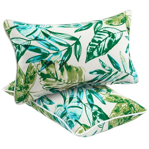 Water Resistant Outdoor Lumbar Pillows for Patio Furniture,12x20 Inch Decorative Pillows Set of 2 with Insert,Hidden Zipper Headrests for Sofa Couch Chair(Palm Leaf) - color: Palm Leaf, size: 20" x 12" (Pack of 2)