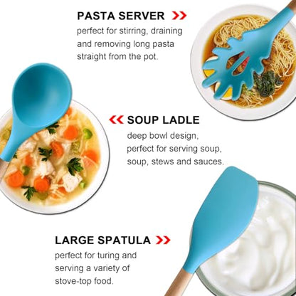 Kitchen Utensils Set 6-Piece Non-Stick Silicone Cooking Utensils Set, Wood Handle Heat Resistant Spatula Spoon Turner Ladle Pasta Server Cooking Kitchen Gadgets BPA Free for Nonstick Cookware - color: Light Blue, size: Standard 6-Piece Set