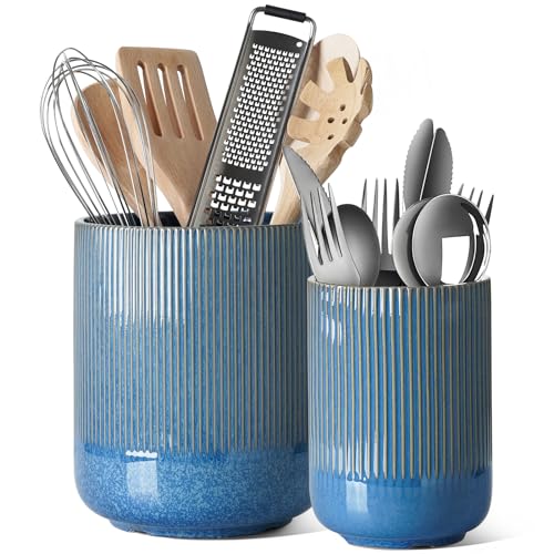 LE TAUCI Utensil Holder for Kitchen Counter, 7.3"+5.4" Fluted Ceramic Utensil Crock Organizer for Countertop, Heavy Large Holder for Spatulas, Spoons, Set of 2, Blue Marble - color: Blue Marble