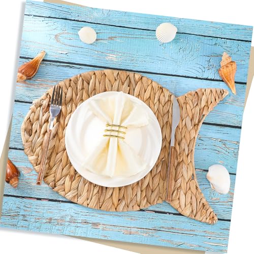 Set of 6 Fish Woven Placemats Water Hyacinth Nautical Placemats Large Wicker Rattan Chargers for Dining Table, Farmhouse Boho Weave Plates Chargers Coastal Beach Theme House Table Decor