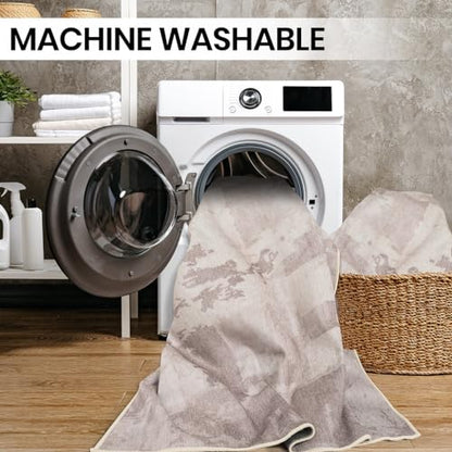 GLN Rugs Bohemian - Troy - Machine Washable Area Rug, Boho Washable, Non Slip, Low Pile Chenille Area Rug, Entryway, Hallway, Kitchen Rug - Easy Clean (3' x 5' Abstract Tan) - color: Abstract Tan, size: 3' x 5' (Rectangular)