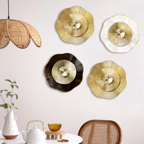 4 Pcs 12 Inch Gold Wall Decor Metal Flower Plate Art Hanging Wall Decorations Modern Metai Decorations for Home Living Room Office Bedroom Bathroom Floral Sculpture - color: Multicolor