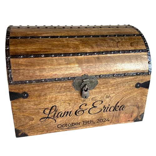 Personalized Treasure Chest with Card Slot, Antique Lock & Skeleton Keys (Large 13x10x10) – Pirate Decor, Wooden Keepsake Box, Decorative Wooden Box for Weddings & Anniversaries - size: Large 13x10x10