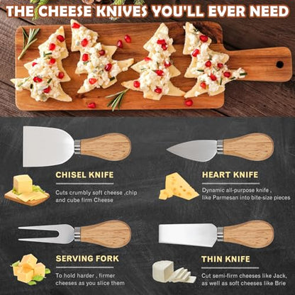 Cheese Knife Set for Charcuterie - 4 Small Stainless Steel Cheese Knives and Fork with Magnetic Acacia Wood Holder - Charcuterie Board Accessories