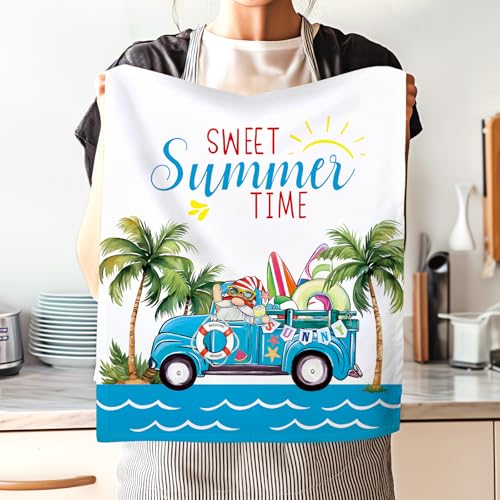 Summer Beach Gnome Tea Towels 4Pcs 19"×27.5", 100% Cotton Soft Kitchen Towel Hand Towels Multiple Uses Quick Dry Dish Cloth for Kitchen, Anniversary,Wedding, Decoration | 18.9 x 27.5 in / 48 x 70 cm, Lightweight Woven Dish Cloth with Beach Gnome Print for