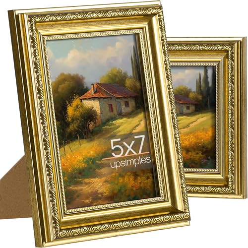 upsimples Vintage 5x7 Picture Frame, Antique Gold Frames, 2 Pack | Gold Picture Frames, Fits 5 x 7 Photos, Elegant Vintage Design, Wall or Tabletop Decor, for Wedding or Family Memorie - color: Gold, size: 5x7