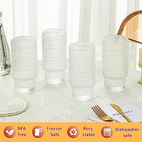 KEMORELA Elegant Highball Glassware Set - 16oz XL Glasses - Mixed Drinks, Iced Coffee, Beer, Juice, Water - Hobnail, Beaded Designs - Set of 4 | Stylish Collection for Any Occasion - color: 4PCS-16oz