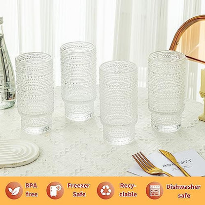 KEMORELA Elegant Highball Glassware Set - 16oz XL Glasses - Mixed Drinks, Iced Coffee, Beer, Juice, Water - Hobnail, Beaded Designs - Set of 4 | Stylish Collection for Any Occasion - color: 4PCS-16oz