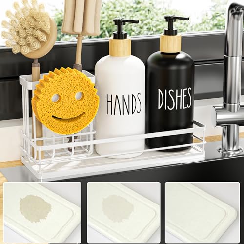 Moforoco Kitchen Dish Soap Dispenser Set, 16OZ Glass Bottle, Hand and Dish Soap Dispenser Set, Instant Dry Tray, Brush Holder with Smiley Face Sponge Holder (White Tray+Black&White Bottle) - color: White Tray+black&white Bottle