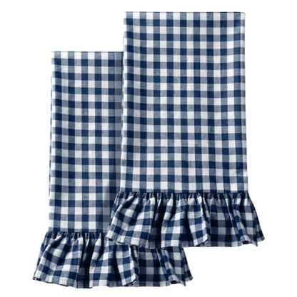 HunnmingRe Navy Blue Kitchen Towels Set of 2, 100% Cotton Ruffled Gingham Dish Towels 18"x28" Absorbent Tea Cloths Classic Plaid Pattern for Farmhouse Charm, Drying Dishes, Entertaining Guests - color: Navy Blue, style: Gingham