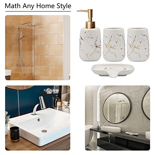 4 Pcs Creative Golden White Ceramics Bathroom Accessories Set, Include Lotion Dispenser Soap Pump, Toothbrush Holder, Tumblers, Soap Dish (Ceramic White)