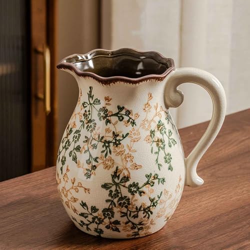 Vintage Ceramic Vase with Handle, Green and Beige Rustic Flower Pitcher Vase for Home Decor, Decorative Vase for Living Room, Bookshelf, Office, Vases for Centerpieces 8 Inch - size: 1 pack