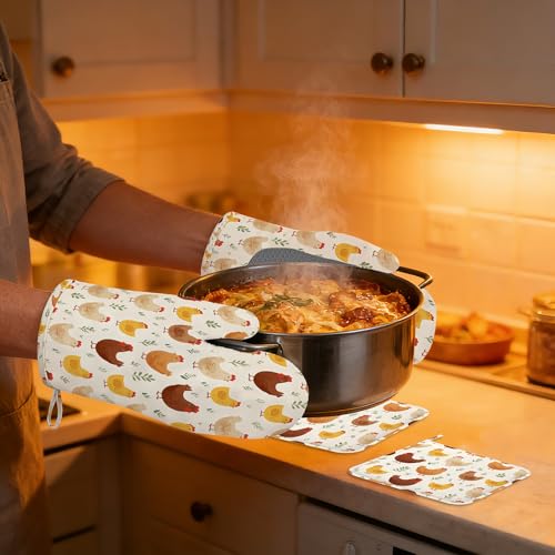 Kitchen Mitts Set,Farmhouse Chicken Oven Mitts and Pot Holders Sets,Thick Cotton Heat Resistant Rustic Hot Pan Holder Extra Long Cooking Mitts for Cooking Baking Grilling BBQ Bakeries - color: Farmhouse Chicken