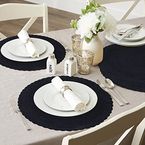 SHACOS Round Placemats Set of 6 Woven Round Table Mats 15 inch Braided Border Washable Cotton Polyester Circle Place Mats, Black - color: Black, size: 6 pieces