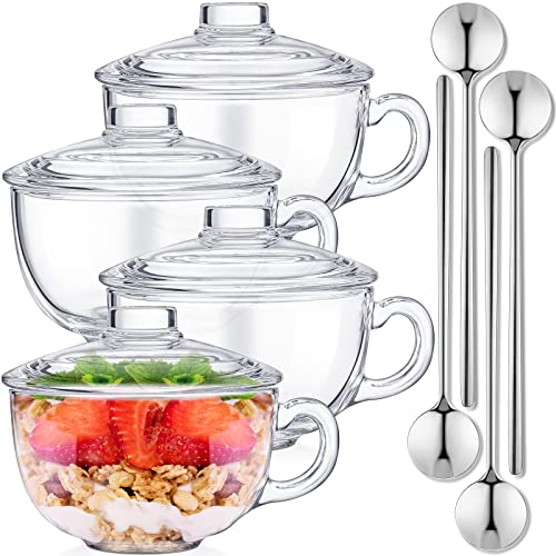 Didaey Set of 4 Glass Cereal Bowls Microwave Safe Glass Soup Bowls with Handle and Spoon Clear Oatmeal Glassware Mixing Ramen Pot Coffee Mugs with Lids Milk Breakfast Mug for Yogurt 20 Oz/ 600 ml