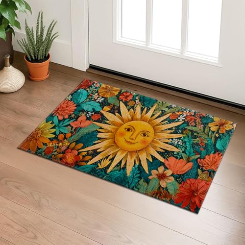 Boho Sun Indoor Door Mat with Smiling Face and Colorful Floral Pattern, Welcome 29.5"×17" Non-Woven Floor Mat, Non-Slip Doormat Rug for Front Door, Porch, Bathroom, Kitchen, Home Decor, Gifts - color: 04