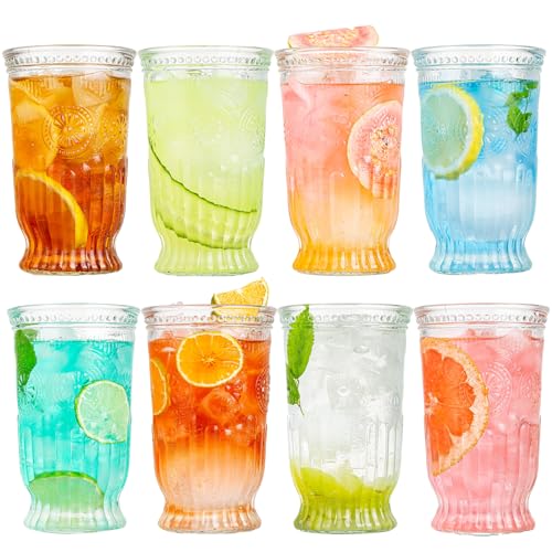 Vintage Drinking Glasses, 8 pcs Embossed Designed Highball Glasses, 16oz Glass Cups, Tall Water Glass Tumbler, Mojito Cup, Cocktail Glass, Vintage Glassware Set for Juice, Cocktail, Whiskey