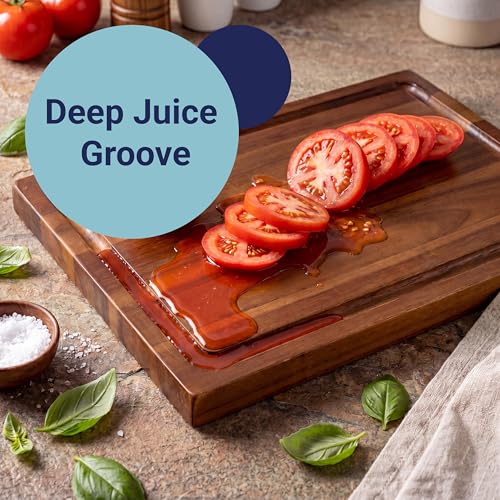happimess Eldridge Small 14" x 10" Acacia Cutting Board, Brown | Handcrafted, 1 Inch Thick, Reversible Design, Juice Grooves, Authentic Wood Grain, Rectangular, Farmhouse Style - color: Brown, size: 14"L x 10"W