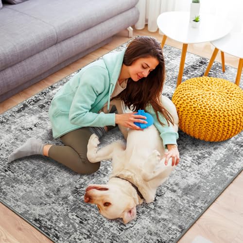 Living Room Area Rug 7x10 Rugs Modern Machine Washable Rug Non Slip Low Pile Large Abstract Rug for Living Room, Bedroom, Farmhouse, Dining Room, Black&Grey - color: Dark Grey, size: 7' x 10' (Rectangular)
