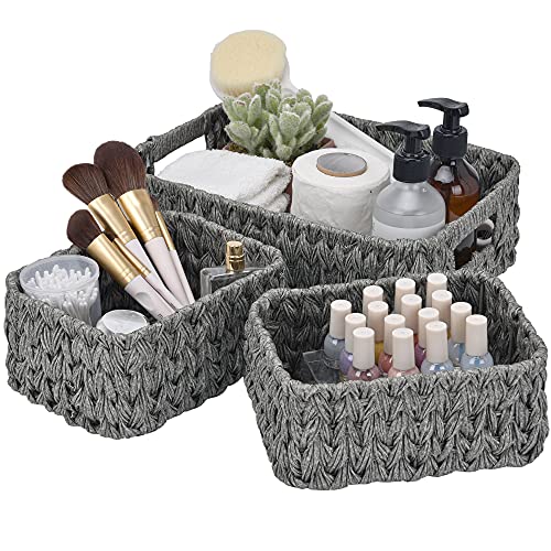 GRANNY SAYS Small Wicker Baskets for Organizing, Wicker Storage Baskets | Small Woven Storage Baskets for Shelf, Rattan Basket for Organizing, Wicker Basket Set, 3-Pack Small Waterproof Baskets - color: Gray, size: 13"L x 9"W x 4"H + 2x 7¾"L x 5¾"W x 3½"H