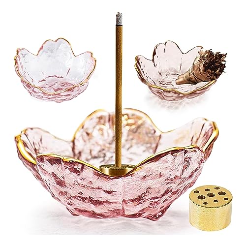 Incense Holder for Sticks and Backflow Incense Burner Glass | Handmade glass cherry blossom incense stick holder, 9 incenses holes ash catcher, for incenses burning, home & spa decor - color: Cherry Blossom With Gilt-edged
