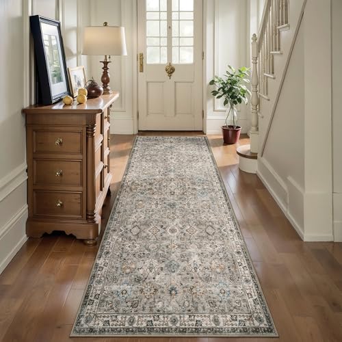 Tangsoo 2.6x8 Washable Runner Rug for Hallway Non Slip,Boho Beige Long Rug | Vintage Floral Carpet Runner for Kitchen Entryway,Distressed Grey Runner Soft Low Pile Gray Mat for Bedroom Bathroom Laundry - color: Distressed Beige Grey, size: 2'6" X 8' (Runn