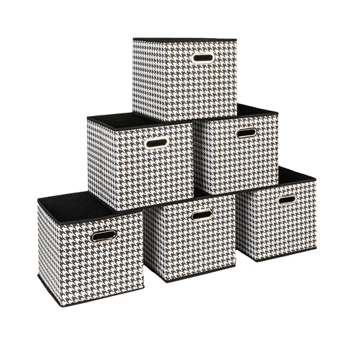 Household Essentials Foldable Fabric Storage Cubes 6-Pack – 11x11x11 Stackable Non-Woven Bins with Chipboard Sides & Grommet Handles – Closet, Shelf, Nursery, or Office Organizer – Houndstooth - color: White and Black, size: 11” L x 11” W x 11” H