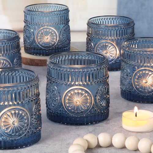 6Pcs Large Votive Candle Holders Blue Glass Tealight Candle Holders | Candle Holders for Wedding, Table Centerpiece, Party, Birthday, Home Decor - color: Blue