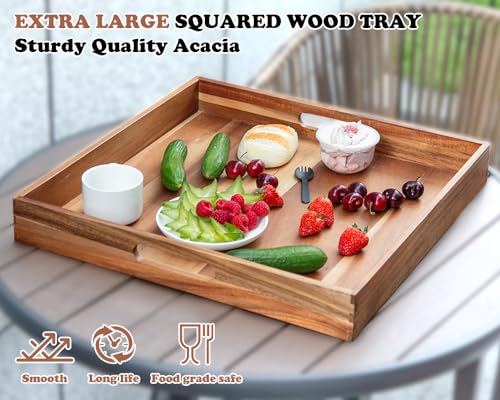 Large Ottoman Tray for Living Room, 20" Extra Large Wooden Tray for Ottoman Square Big Acacia Serving Trays with Handles for Coffee Table, Breakfast, Appetizers, Dinner - color: 20" Square Tray - Acacia