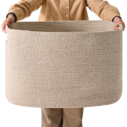 ICERZCZ Large Storage Basket for Organizing, Blanket Basket for Living Room, Large Toy Baskets for Storage, Woven Cotton Rope Baskets for Blankets, Clothes, Shoes, Brown, 25”x16”x16” (105L) - color: Brown, size: 25”x16”x16”
