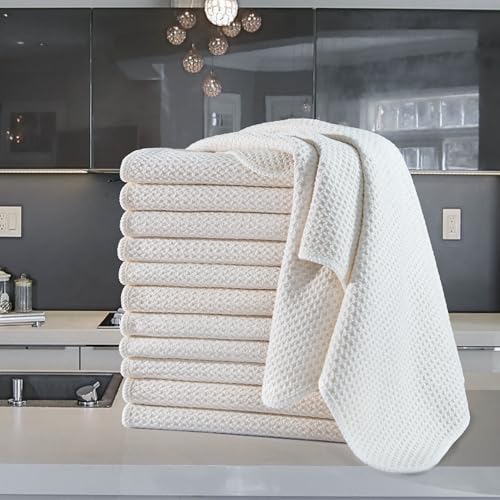 POLYTE 340 GSM Microfiber Waffle Kitchen Dish Tea Towel, 16x28 in, 12 Pack | Lint Free, Quick Dry - color: Off White, size: 16x28 in