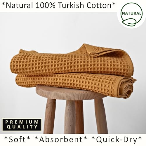 PÜSKÜL 2-Piece Natural 100% Turkish Cotton Waffle Bath Towels Extra-Large | Mustard, 32x63" Bath Sheet Towel, Light Soft Absorbent Quick-Dry Lint-Free Premium Honeycomb Weave Oeko-Tex Made in Turkiye - color: Mustrad Yellow