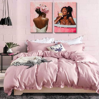 Framed modern abstract African American women's wall Art (Set 2), canvas high-definition printing, Bohemian black girl bathtub coffee fashion with pink flower on her head Black woman picture, living room, bedroom, bathroom, office decoration, 12x16 inches