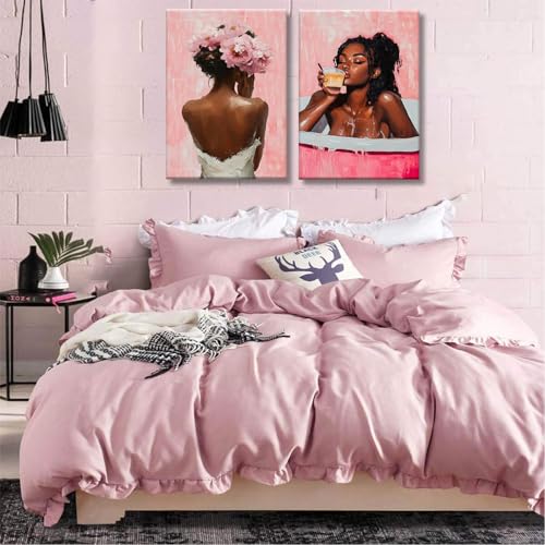 Framed modern abstract African American women's wall Art (Set 2), canvas high-definition printing, Bohemian black girl bathtub coffee fashion with pink flower on her head Black woman picture, living room, bedroom, bathroom, office decoration, 16x24 inches