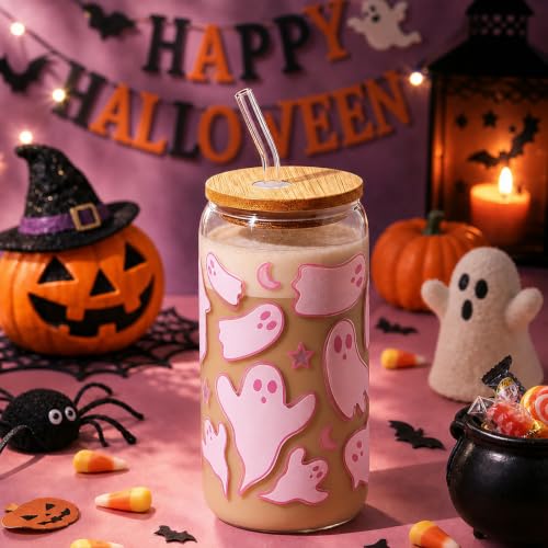 Halloween Ghost Gift for Women Pink Glass Cup with Lid and Straw | Fall Cute Ghost Iced Coffee Glass Tumbler Mug Goth Gifts for Halloween Party Girls Women Presents for Teens Stuff 16oz - style: Pink Ghost