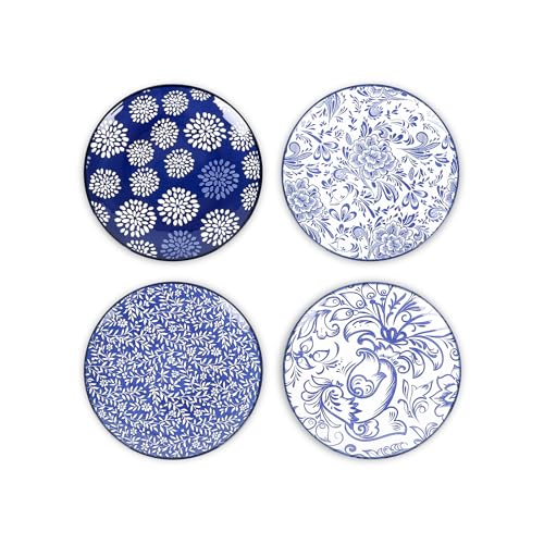 Selamica Dessert Plates Ceramic, 6 Inch Embossed Small Plates for Appetizer, Cake, Snacks, Microwave Dishwasher Safe, Set of 4, Blue - size: 6 inch