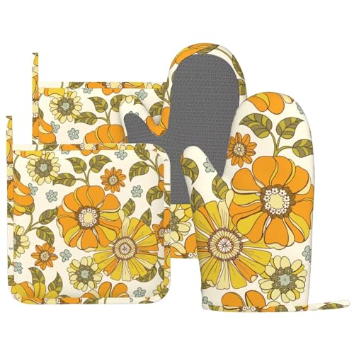 Retro 70s Style Flower Oven Mitts and Pot Holders Sets Silicone Kitchen Mitts Potholders Heat Resistant 4Pcs Oven Gloves Hot Pads for Kitchen Baking Cooking BBQ Grilling - color: Plant Flower