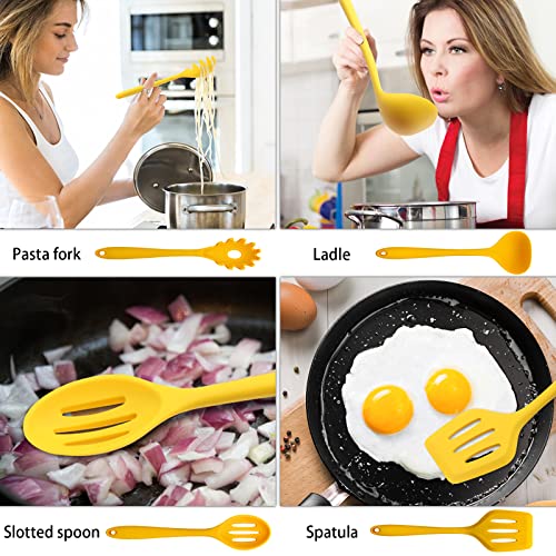 11 Piece Cooking Kitchen Utensils Set, Yellow Cooking Utensils Set, Non-Stick Silicone Spatula Set with Iron Utensils Holder, Silicone Kitchen Gadgets Utensil Set (Yellow)