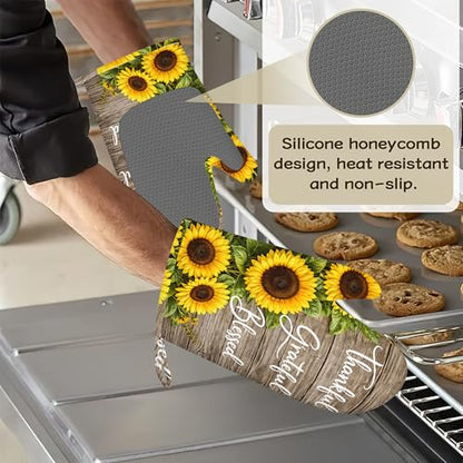 Wood Sunflower Oven Mitts and Pot Holders Sets of 4 PCS, Thankful Grateful Blessed Oven Gloves Potholder for Kitchen Cooking Baking BBQ Heat Resistant - color: Thankful Grateful Blessed