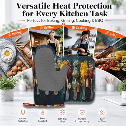 Various Herbs and Spices Oven Mitts and Pot Holders Sets Non-Slip Silicone Surface for BBQ Gloves,Kitchen,Cooking,Baking,Grilling - color: Various Herbs and Spices