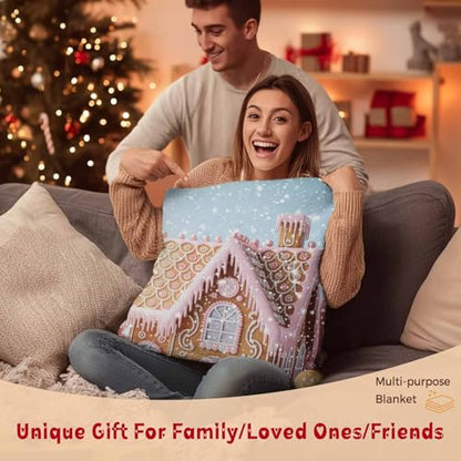Pink Christmas Throw Blanket, Xmas Tree Gingerbread Man House Super Soft Warm Flannel Blankets for Bed Couch Sofa Fantasy Snow Scene Lightweight Fluffy Plush Bed Throws 50x60 Inch - color: Pink Blue, size: 50''x60''