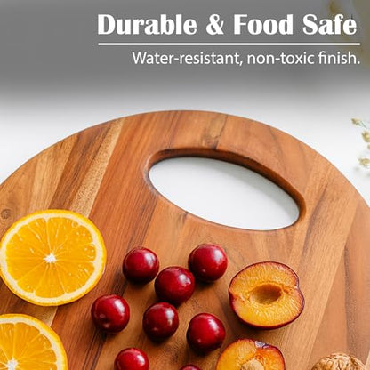 GoCraft Acacia Wood Round Cutting Board with Handle – 12x12 Inches | Rustic Wooden Cheese Board | Charcuterie Tray | Natural Rustic Kitchen Chopping Board | Farmhouse Food Prep & Serving Platter