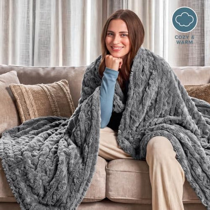 Bare Home Faux Shearling Blanket (Full/Queen, Cable Grey) | Blanket for Bed, Sofa, Couch, Camping, Travel, and Gifts, Warm & Lightweight, Fluffy & Soft - color: 11 - Cable Grey, size: Full/Queen