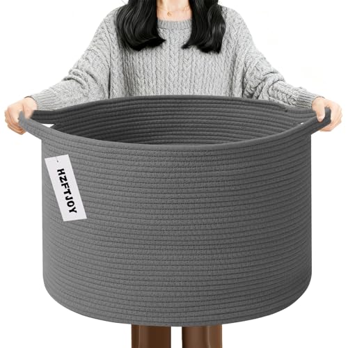 90L Extra Large Blanket Basket,Woven Rope Laundry Basket-Dark Grey | Collapsible, reinforced handles, nursery storage bin organizes clothes, toys and pillows for living room, bedroom bathroom. - color: Dark Grey, size: 21.7"L x 21.7"W x 13.8"H（90L)