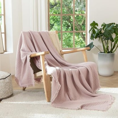 MooMee 100% Cotton Muslin Blanket Fringed 4-Layer Gauze Bed Throw, Queen | Soft Breathable Lightweight Thin Coverlet Summer Blankets for Adults, Bed & Couch All Seasons, Greyish Pink, 90" x 90" - color: Greyish Pink, size: Queen
