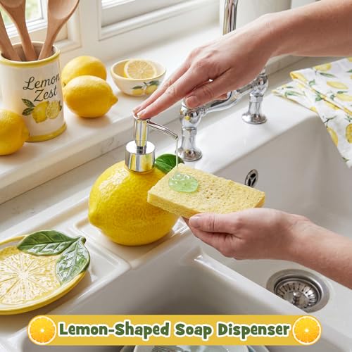 4 Pcs Lemon Kitchen Decor Ceramic Soap Dispenser Set Comes with Sponge Tray Instant Dry Tray Suitable for Kitchen Accessories Bathroom Decor Housewarming Gifts - style: Lemon